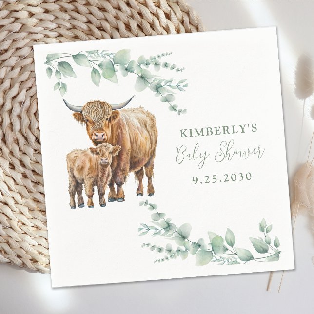 Highland Cow Boho Greenery Eucalyptus Baby Shower Pappersservett (Skapare uppladdad)