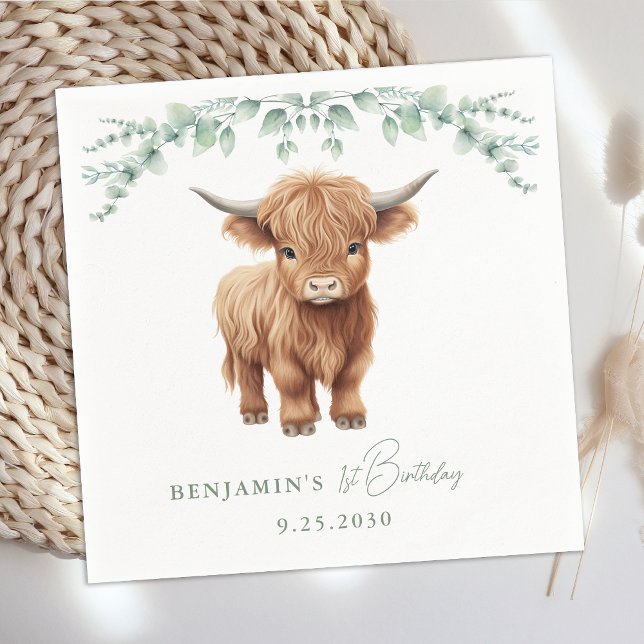 Highland Cow Boho Greenery Farm Animal Birthday Pappersservett (Skapare uppladdad)