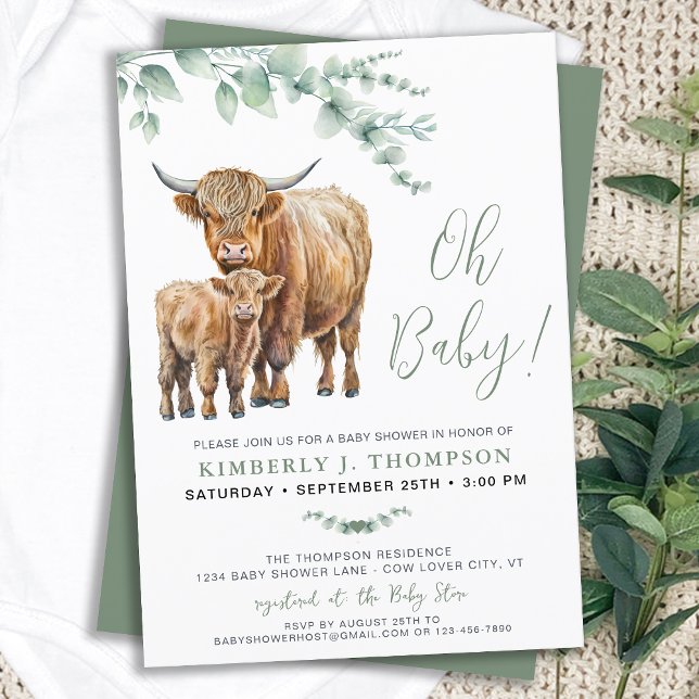 Highland Cow Boho Greenery Sage Baby Shower Inbjudningar (Skapare uppladdad)