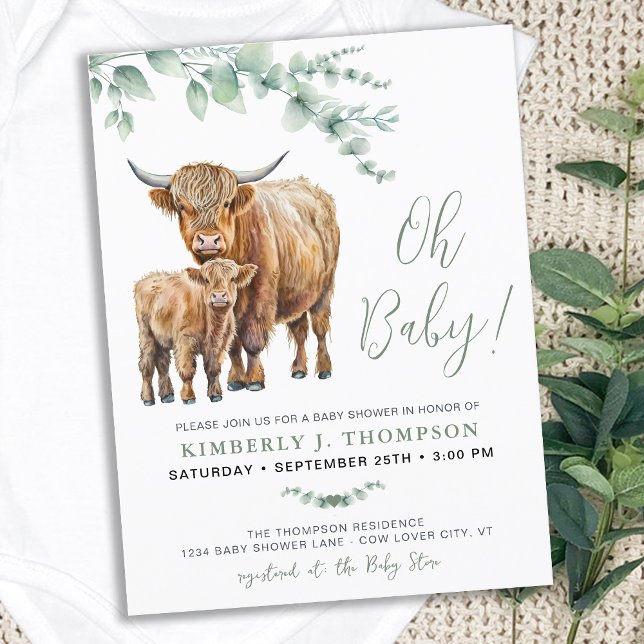 Highland Cow Boho Greenery Sage Baby Shower Vykort (Skapare uppladdad)