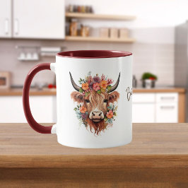 Highland Cow Boho | Namn med blommor Mugg