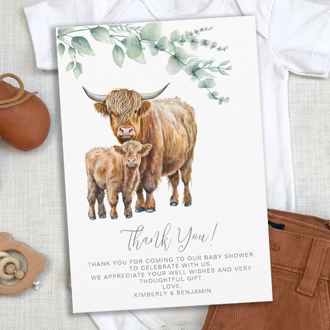 Highland Cow Boho Sage Greenery Baby Shower Tack Kort (Skapare uppladdad)