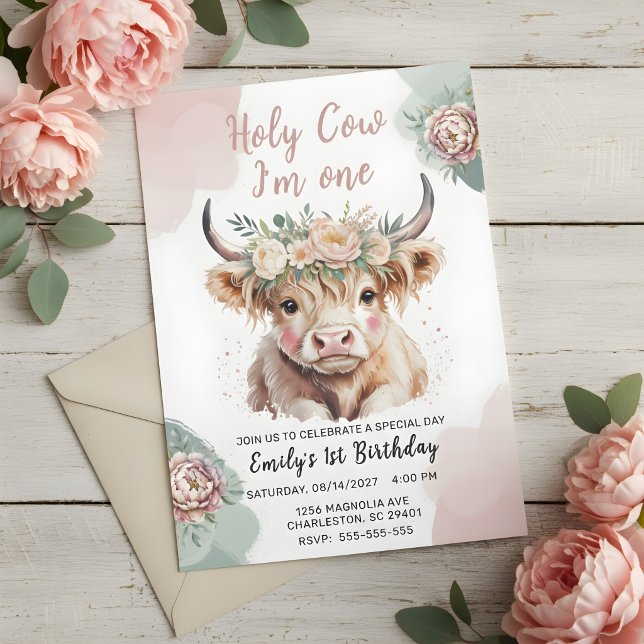 Highland Cow Boho Watercolor First Birthday Inbjudningar (Skapare uppladdad)