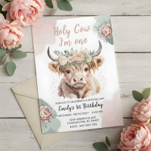 Highland Cow Boho Watercolor Första Födelsedag