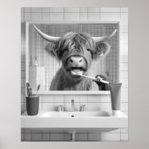 Highland Cow Brushing Teeth Dental Humor Bathroom Poster