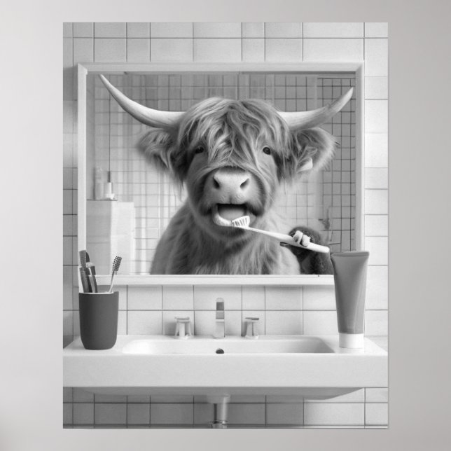 Highland Cow Brushing Teeth Dental Humor Bathroom Poster (Framsidan)