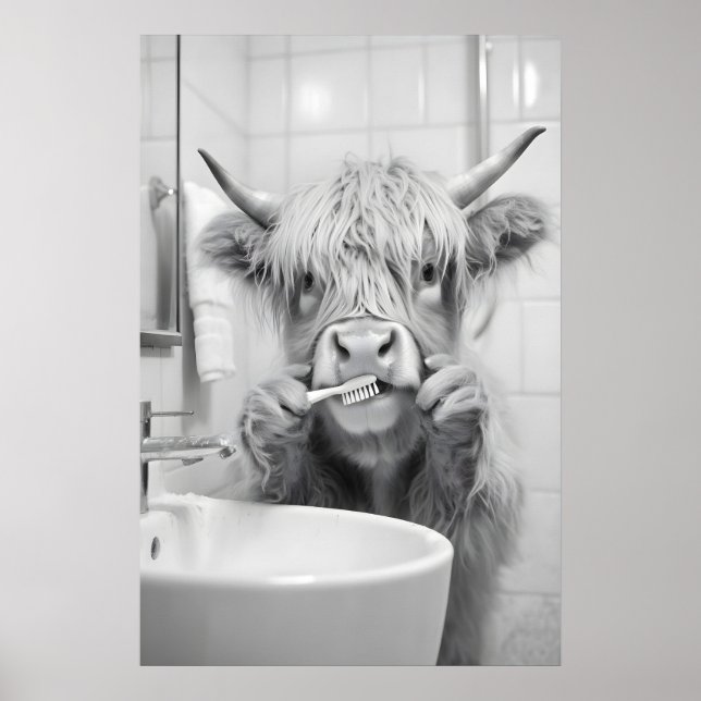 Highland Cow Brushing Teeth Print, Funny Bathroom Poster (Framsidan)
