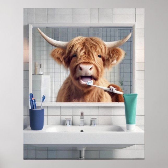 Highland Cow Brushing Teeth Toothbrush Bathroom Poster (Framsidan)