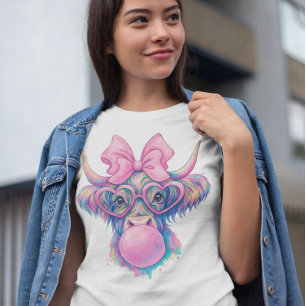 Highland Cow Bubblegum Coquette HoloGraph Sublim T Shirt