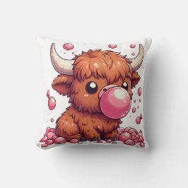 highland cow calf blowing pink bubblegum cushion kudde