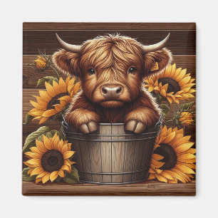Highland Cow Calf med solblommor i Wood Bucket Magnet