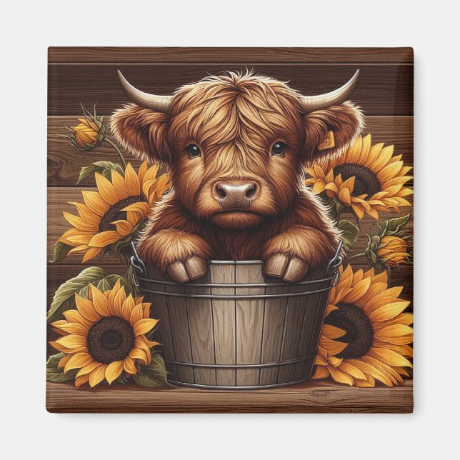 Highland Cow Calf med solblommor i Wood Bucket Magnet (Framsidan)