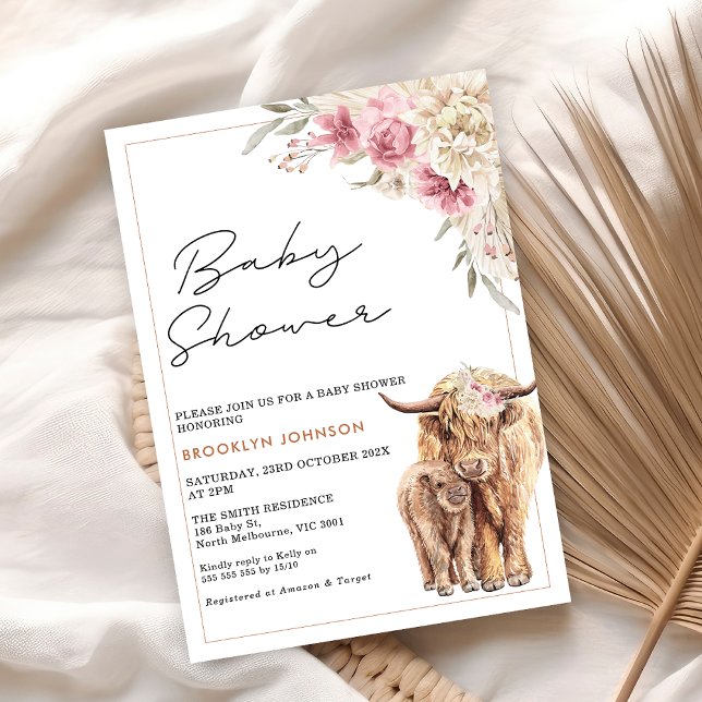 Highland Cow Calf Pink Boho Floral Baby Shower Inbjudningar (Pink Floral Highland Cow Baby Shower Invitation, Highland Cow Calf Baby Shower Invite Girl)