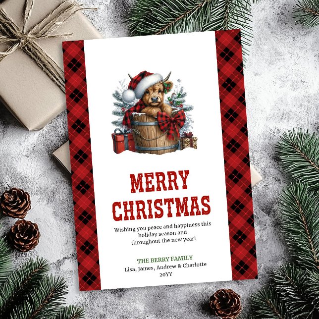 Highland cow Christmas card with holly berries Julkort (Highland cow Christmas card with holly berries)