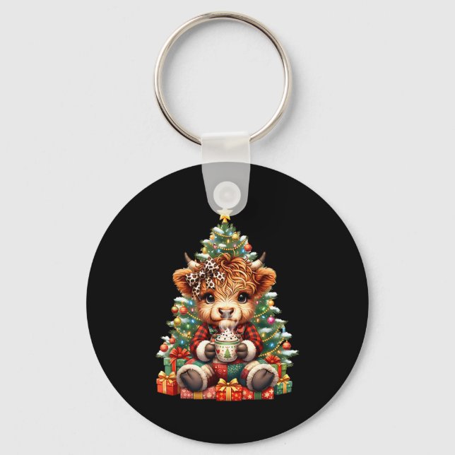 Highland Cow Christmas Tree Cute Heifer Cow Mooey  Nyckelring (Framsida)