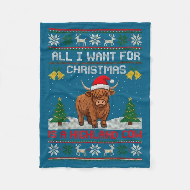 Highland Cow Christmas Ugly Sweater Style Festive  Fleecefilt (Framsidan)