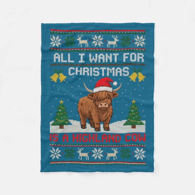 Highland Cow Christmas Ugly Sweater Style Festive  Fleecefilt (Framsidan)