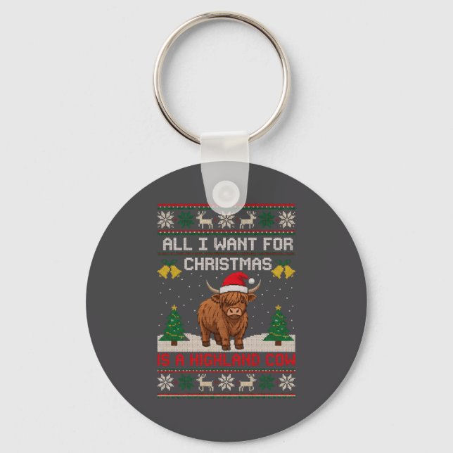 Highland Cow Christmas Ugly Sweater Style Festive  Nyckelring (Framsida)