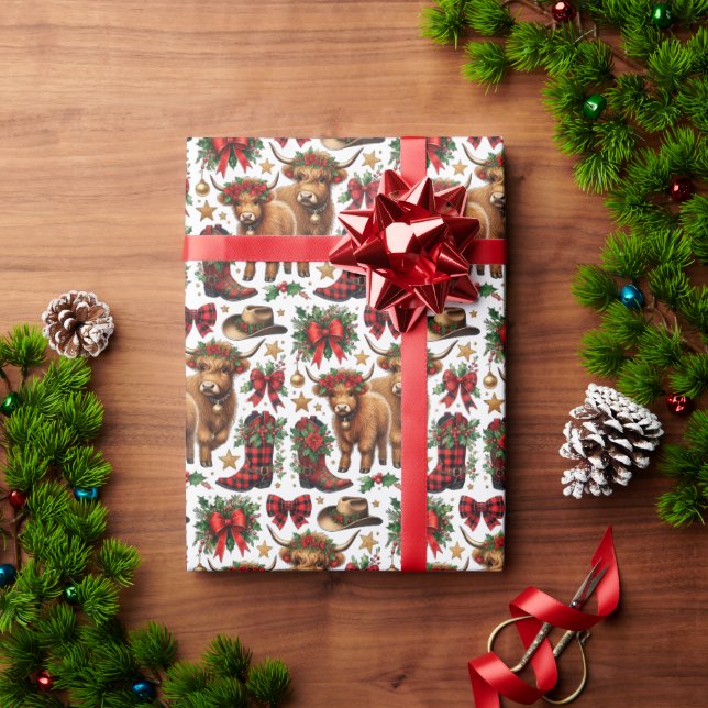 Highland Cow Christmas Wrapping Paper Presentpapper (Julgåva)