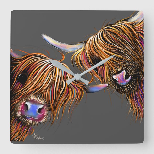 Highland Cow Clock S&N av Shirley MacArthur Fyrkantig Klocka (Framsida)