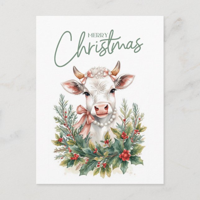 Highland Cow Coquette Jul  Helg Vykort (Framsida)