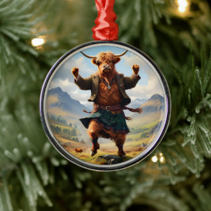 Highland Cow Dancing the Highland Fling. Julgransprydnad Metall