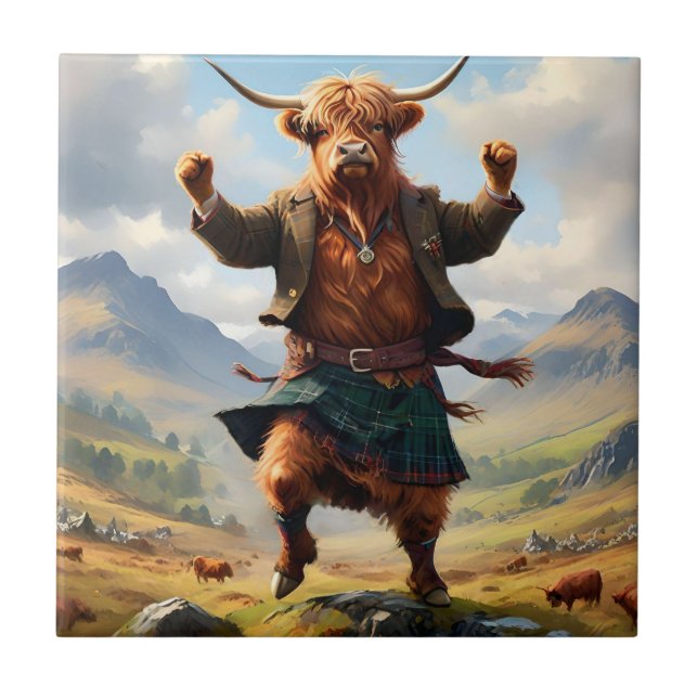 Highland Cow Dancing the Highland Fling. Kakelplatta (Framsidan)