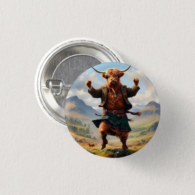 Highland Cow Dancing the Highland Fling. Knapp (Framsida & baksida)