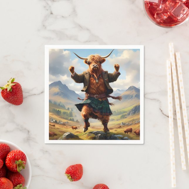 Highland Cow Dancing the Highland Fling. Pappersservett (Insitu)