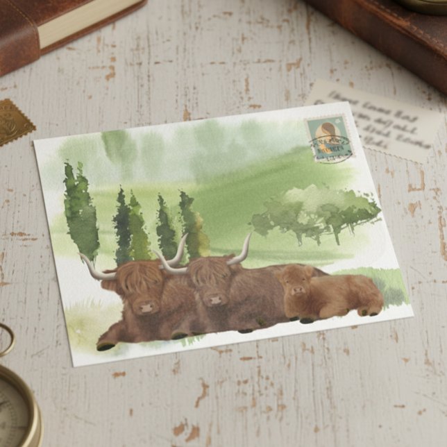 Highland Cow Family Watercolor Skottland Vykort (Skapare uppladdad)