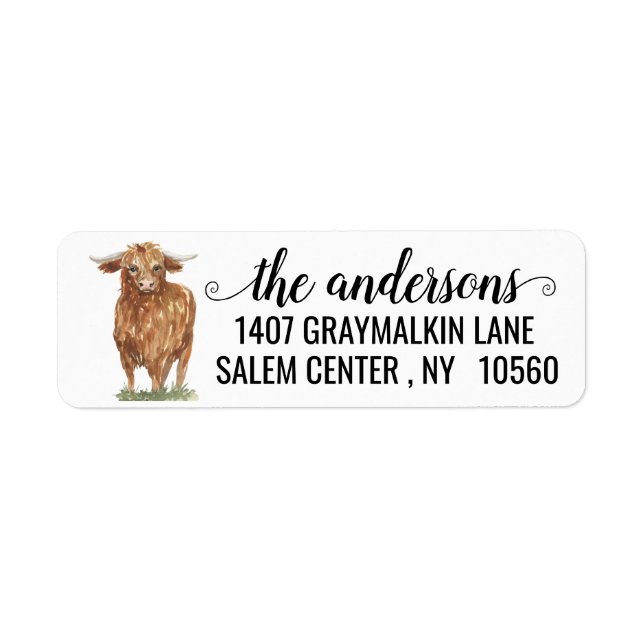 Highland Cow Farm Calligraphy Namn adress Returadress Etikett (Framsidan)