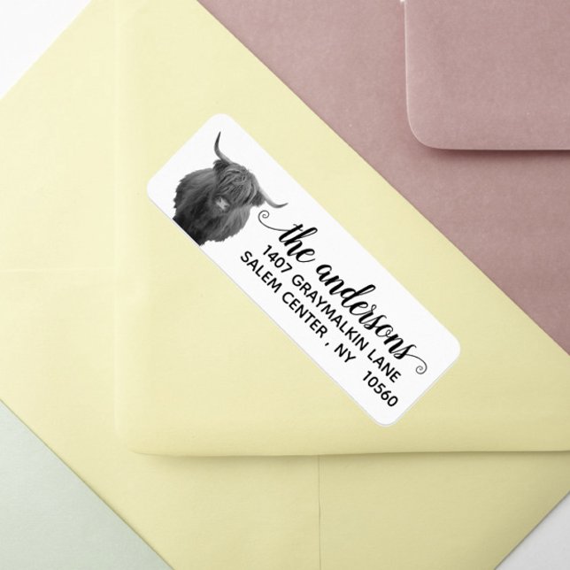 Highland Cow Farm Calligraphy Namn Returadress Etikett (Skapare uppladdad)