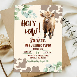 Highland Cow Farm Greenery Boy Birthday Inbjudningar