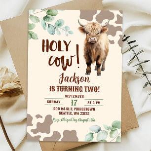 Highland Cow Farm Greenery Boy Birthday Inbjudningar