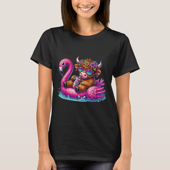 Highland Cow Flamingo Bassäng Flyter Summer Hawaii T Shirt (Framsida)