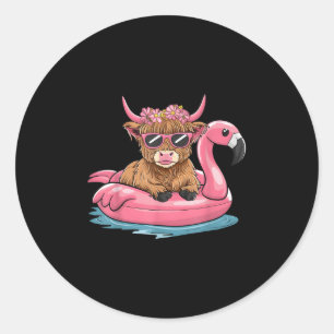 Highland Cow Flamingo Floatie Jul i juli Su Runt Klistermärke