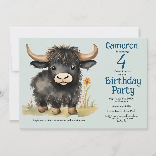 Highland Cow Gender Neutral Födelsedagsfest Inbjudningar (Framsida)