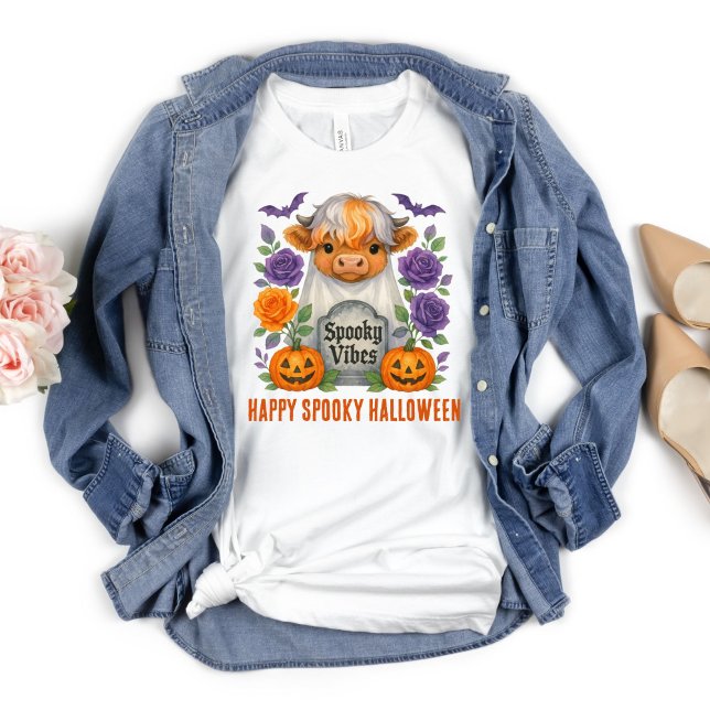Highland Cow Ghost Halloween Pumpkins Flowers T Shirt (Cute Highland Cow Ghost Halloween T-shirt for her. Available in adult and children's sizes)
