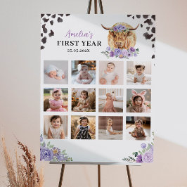 Highland Cow Girl Birthday Photo Milestone Poster