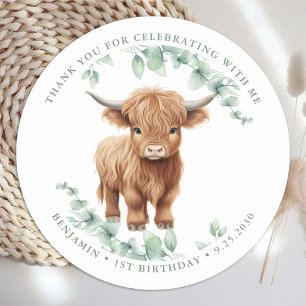 Highland Cow Greenery Boskap Barns födelsedag Runt Klistermärke