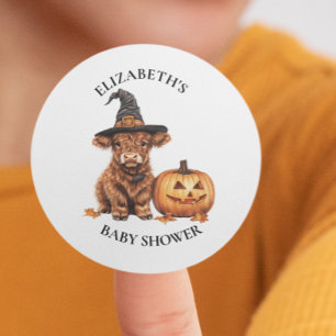 Highland Cow Halloween Watercolor Babyfirande Runt Klistermärke