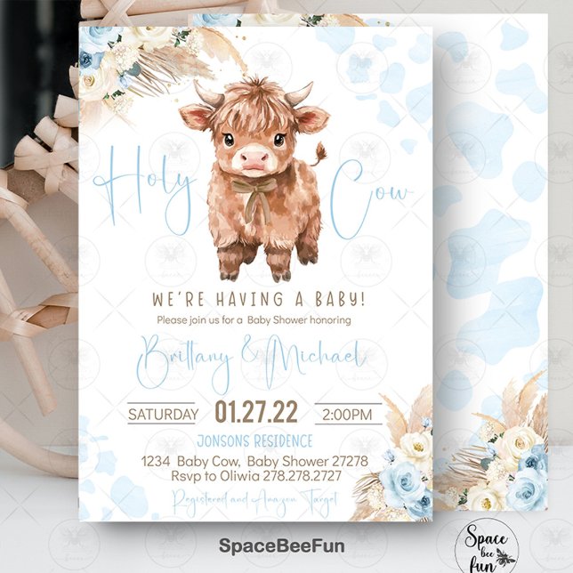 Highland Cow Heliga Cow Baby dusch Boy Inbjudningar (highland cow baby shower, holy cow baby shower, baby shower invitation, boy baby shower, farm animal)