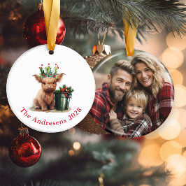 Highland Cow Holly Krona Photo Ornament (Röd)