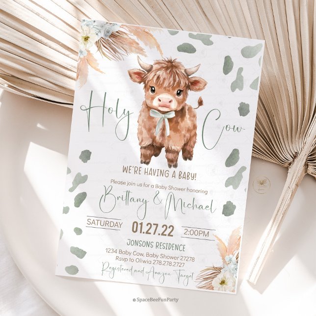 Highland Cow Holy Cow baby shower green Invitation Inbjudningar (Highland Cow, Baby Shower, Gender Neutral, Sage Green, Cute Calf)