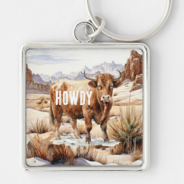 Highland Cow Howdy Fyrkantig Silverfärgad Nyckelring