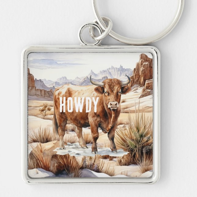 Highland Cow Howdy Fyrkantig Silverfärgad Nyckelring (Framsidan)