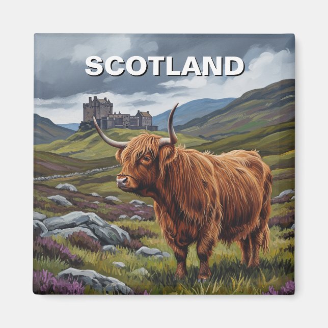 Highland Cow i Scotland Travel Magnet (Framsidan)