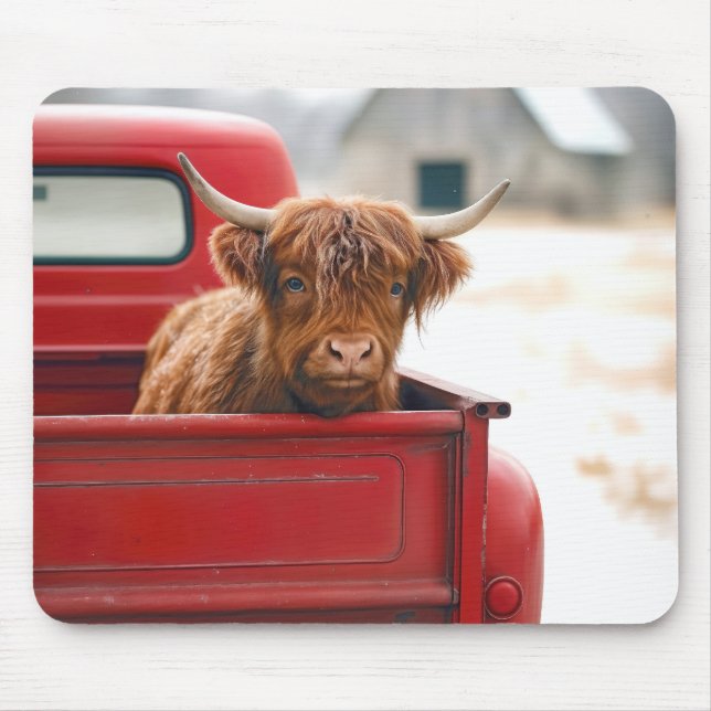 Highland Cow In a Red Retro Pickup Truck Musmatta (Framsidan)
