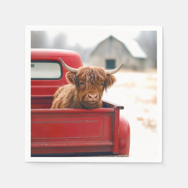 Highland Cow In a Red Retro Pickup Truck Pappersservett (Framsidan)