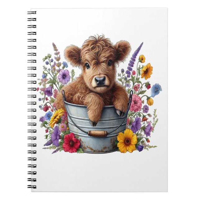 Highland Cow in Flower Bucket Png, Cute Anteckningsbok (Framsidan)